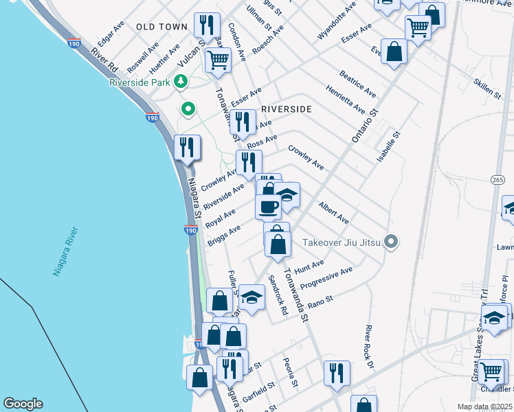map of restaurants, bars, coffee shops, grocery stores, and more near in Buffalo