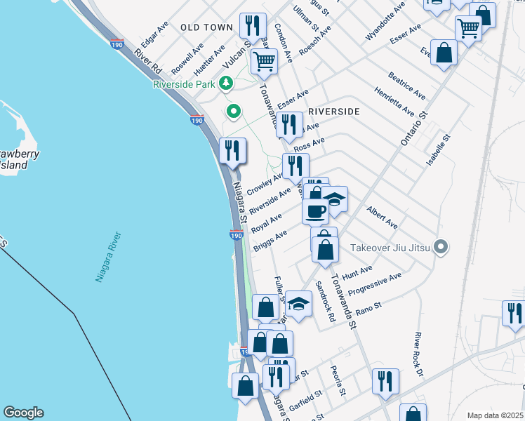 map of restaurants, bars, coffee shops, grocery stores, and more near 37 Royal Avenue in Buffalo