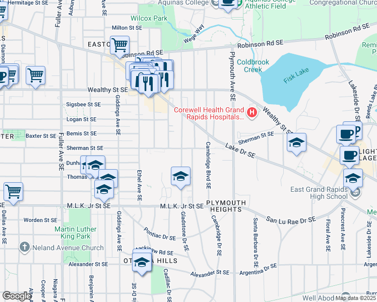 map of restaurants, bars, coffee shops, grocery stores, and more near 626 Gladstone Drive Southeast in Grand Rapids
