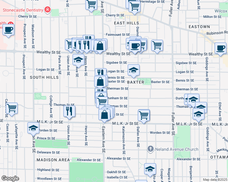 map of restaurants, bars, coffee shops, grocery stores, and more near 821 Dunham Street Southeast in Grand Rapids