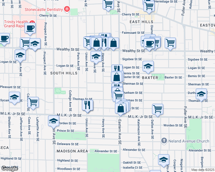 map of restaurants, bars, coffee shops, grocery stores, and more near 634 Henry Avenue Southeast in Grand Rapids