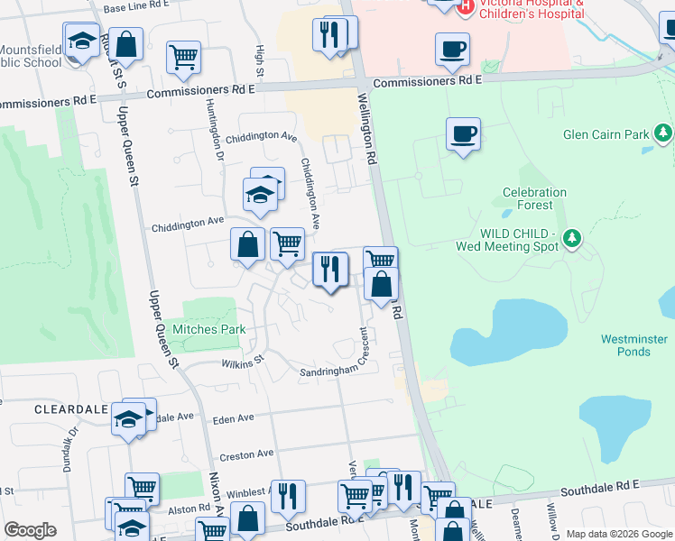 map of restaurants, bars, coffee shops, grocery stores, and more near 775 Wilkins Street in London
