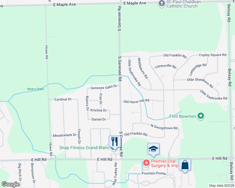 map of restaurants, bars, coffee shops, grocery stores, and more near 5265 Genesee Oaks Court in Grand Blanc