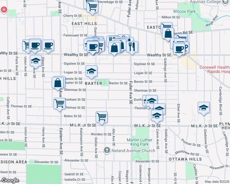 map of restaurants, bars, coffee shops, grocery stores, and more near 1102 Sherman Street Southeast in Grand Rapids