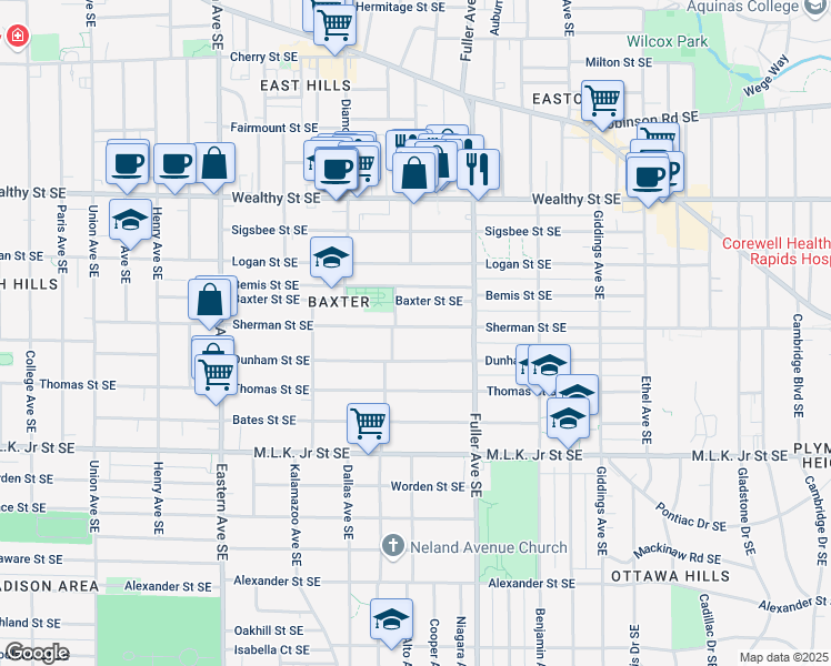 map of restaurants, bars, coffee shops, grocery stores, and more near 1102 Sherman Street Southeast in Grand Rapids