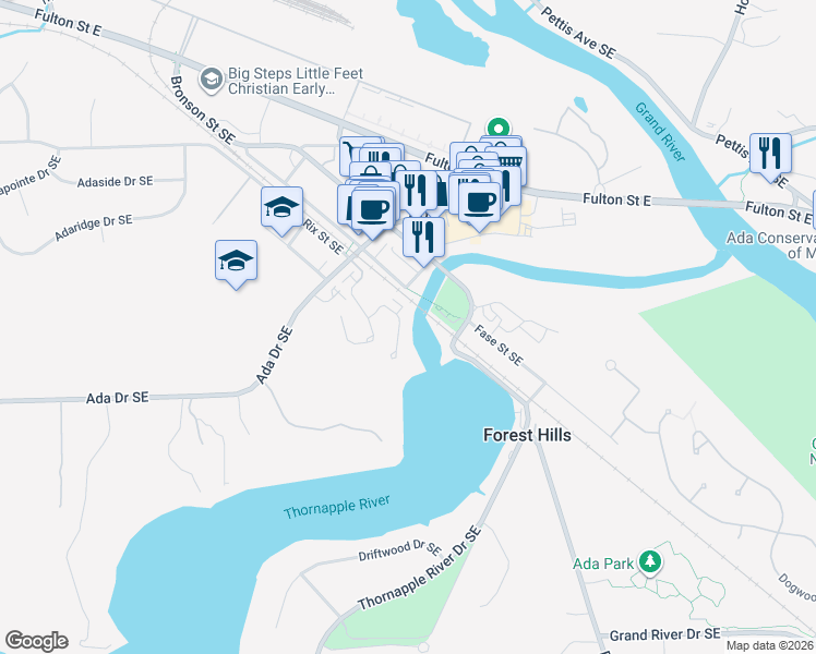 map of restaurants, bars, coffee shops, grocery stores, and more near 7490 Thornapple River Drive Southeast in Ada