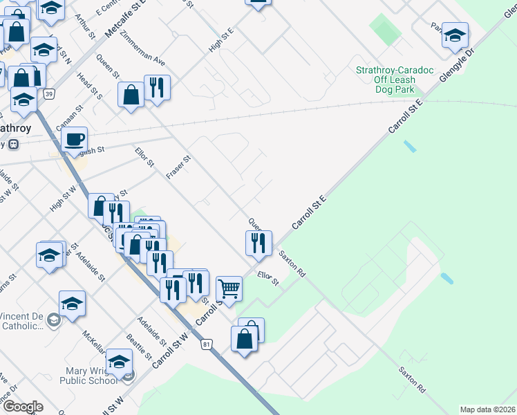 map of restaurants, bars, coffee shops, grocery stores, and more near 8 Alexander Circle in Strathroy