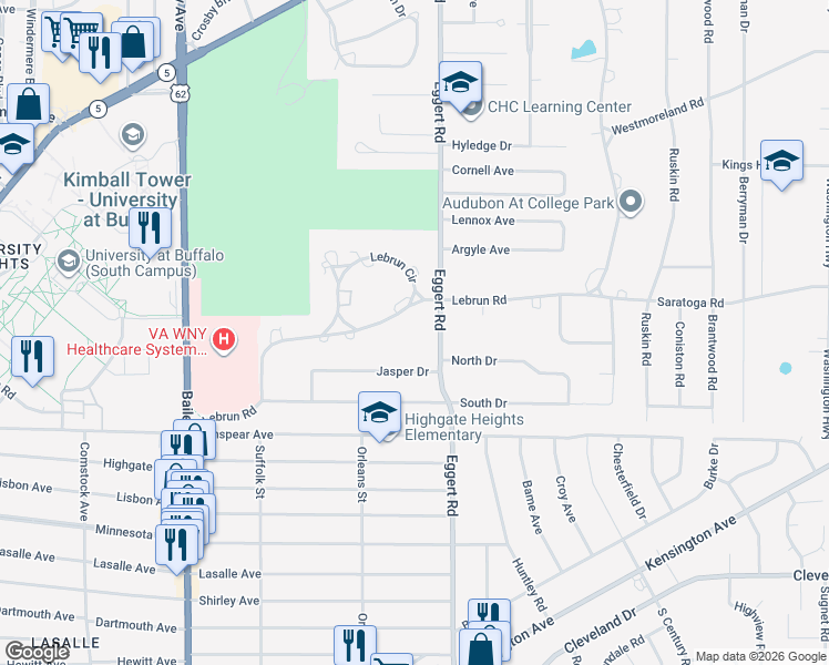 map of restaurants, bars, coffee shops, grocery stores, and more near 300 Lebrun Road in Buffalo