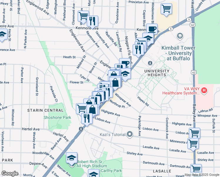 map of restaurants, bars, coffee shops, grocery stores, and more near 37 Merrimac Street in Buffalo