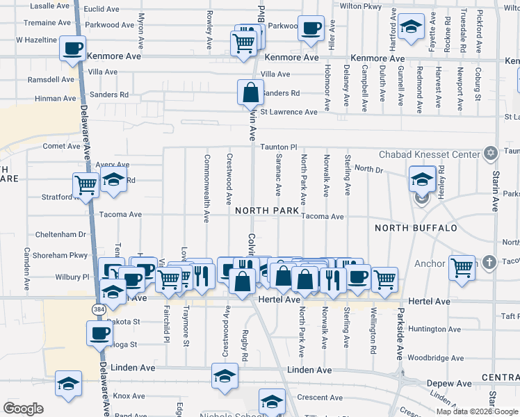 map of restaurants, bars, coffee shops, grocery stores, and more near 240 Saranac Avenue in Buffalo