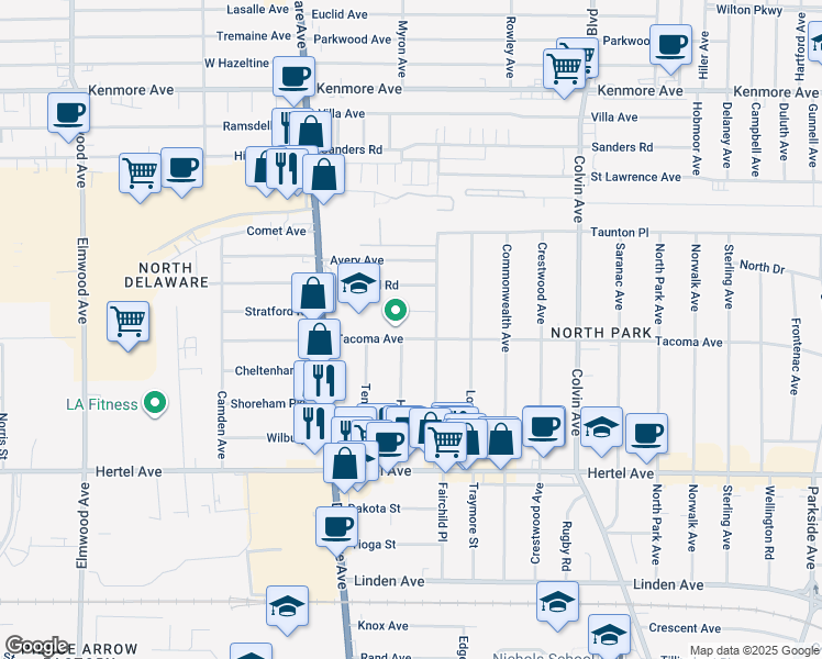 map of restaurants, bars, coffee shops, grocery stores, and more near 23 Stratford Road in Buffalo