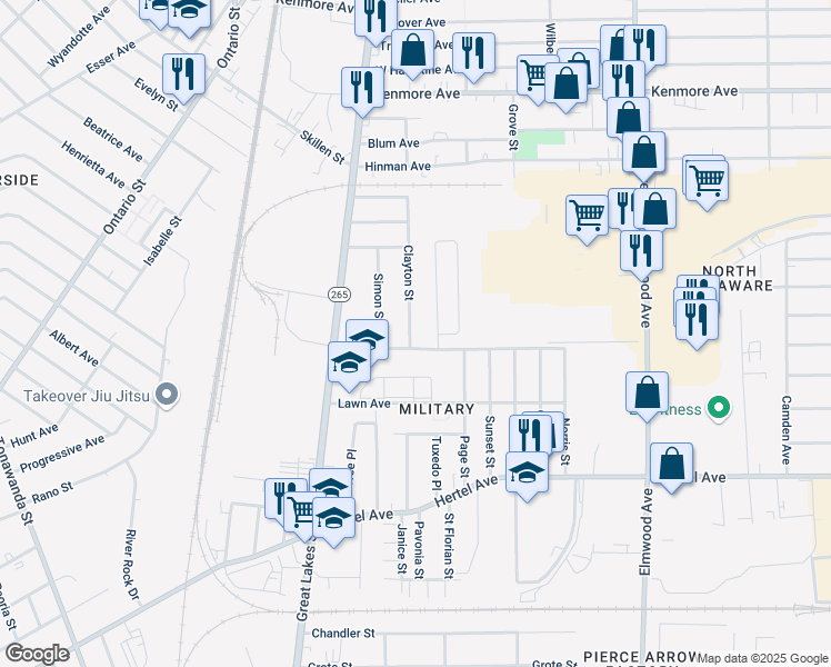 map of restaurants, bars, coffee shops, grocery stores, and more near 42 Rebecca Park in Buffalo