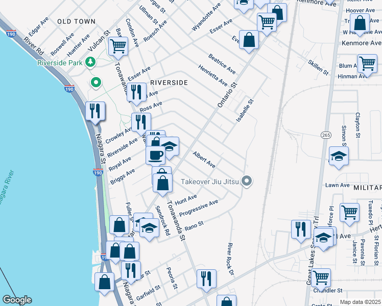 map of restaurants, bars, coffee shops, grocery stores, and more near 284 Ontario Street in Buffalo