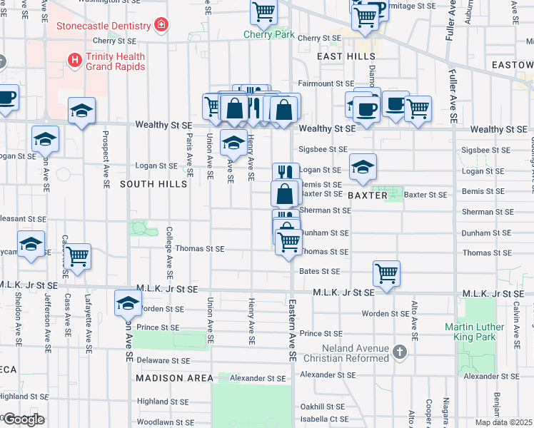 map of restaurants, bars, coffee shops, grocery stores, and more near 542 Henry Avenue Southeast in Grand Rapids