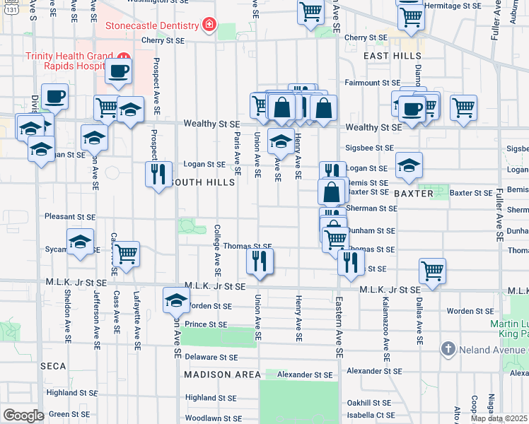 map of restaurants, bars, coffee shops, grocery stores, and more near 547 Union Avenue Southeast in Grand Rapids