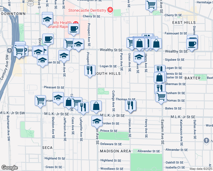 map of restaurants, bars, coffee shops, grocery stores, and more near 550 Morris Avenue Southeast in Grand Rapids
