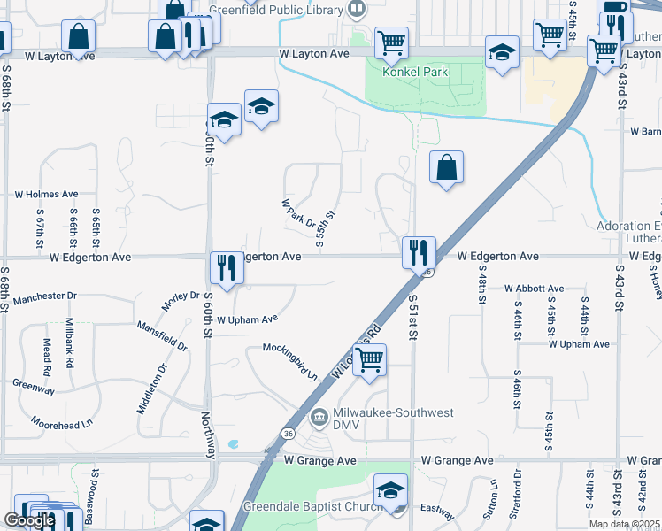 map of restaurants, bars, coffee shops, grocery stores, and more near 5363 West Edgerton Avenue in Greenfield