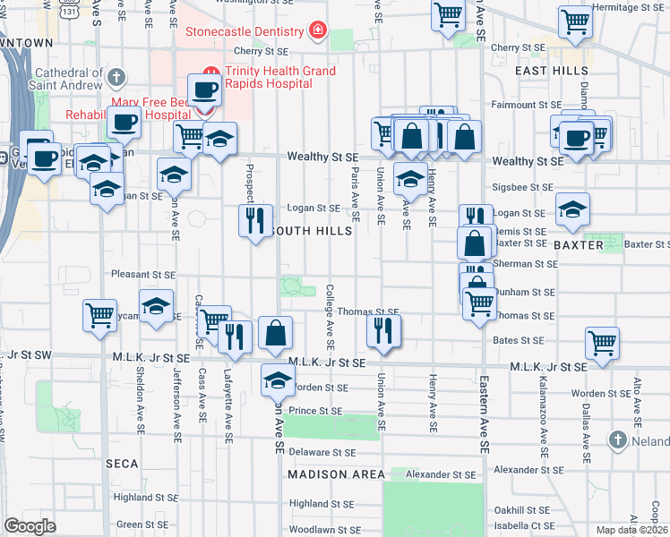 map of restaurants, bars, coffee shops, grocery stores, and more near 572 College Avenue Southeast in Grand Rapids