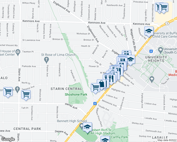 map of restaurants, bars, coffee shops, grocery stores, and more near 149 West Winspear Avenue in Buffalo