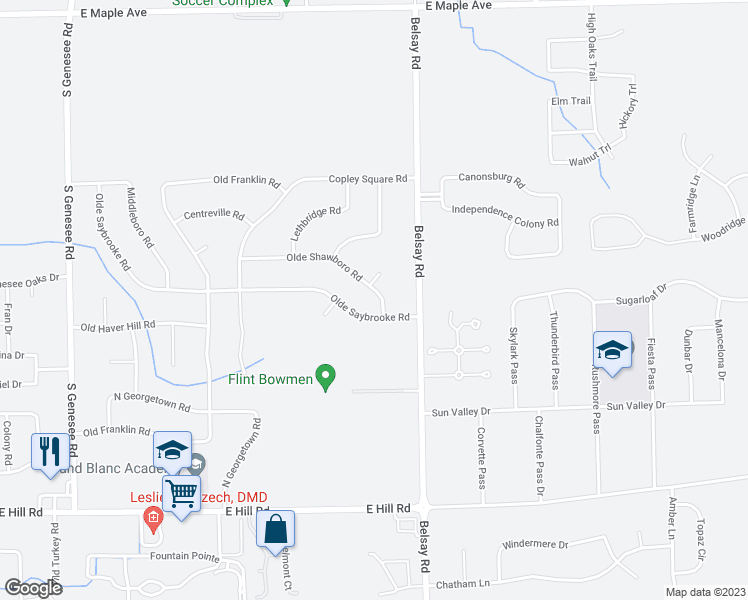 map of restaurants, bars, coffee shops, grocery stores, and more near 5376 Olde Shawboro Road in Grand Blanc