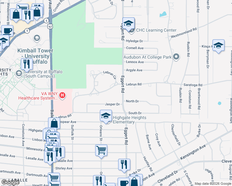 map of restaurants, bars, coffee shops, grocery stores, and more near 300 Lebrun Road in Buffalo