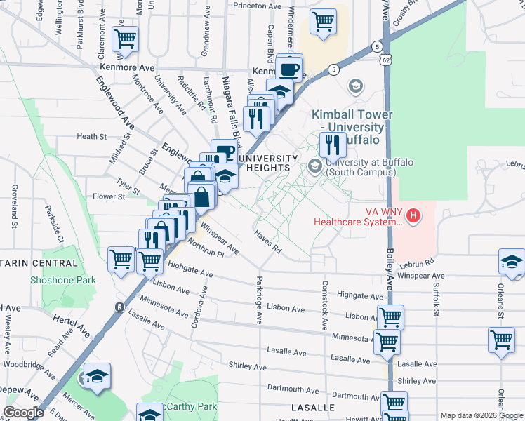 map of restaurants, bars, coffee shops, grocery stores, and more near Hayes Road in Buffalo