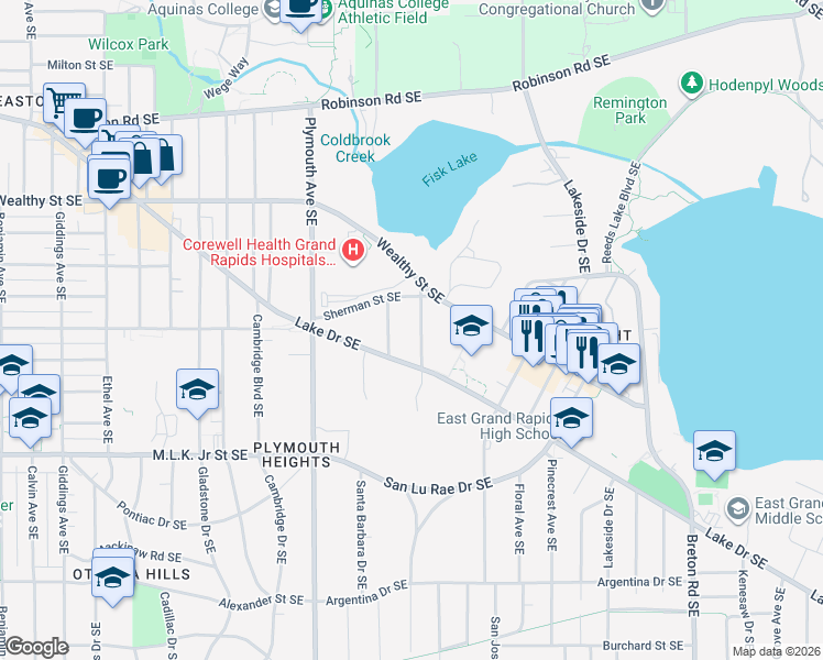 map of restaurants, bars, coffee shops, grocery stores, and more near 1928 Sherman Street Southeast in Grand Rapids