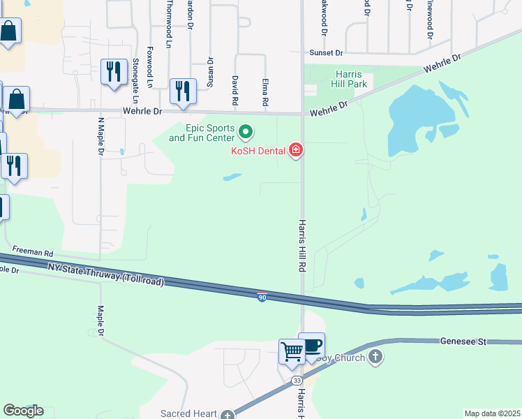 map of restaurants, bars, coffee shops, grocery stores, and more near 375 Harris Hill Road in Buffalo
