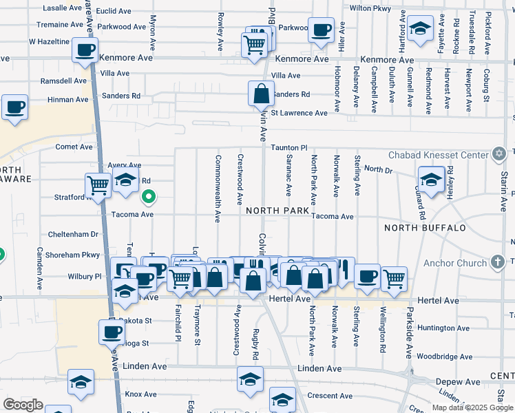 map of restaurants, bars, coffee shops, grocery stores, and more near 422 Colvin Avenue in Buffalo
