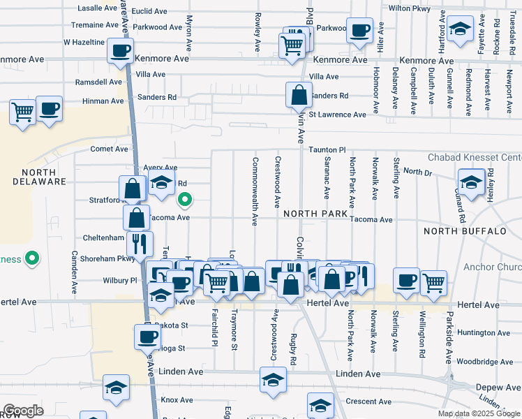 map of restaurants, bars, coffee shops, grocery stores, and more near 270 Crestwood Avenue in Buffalo
