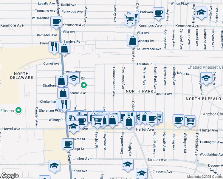 map of restaurants, bars, coffee shops, grocery stores, and more near 167 Lovering Avenue in Buffalo