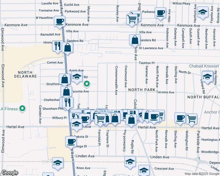 map of restaurants, bars, coffee shops, grocery stores, and more near 167 Lovering Avenue in Buffalo