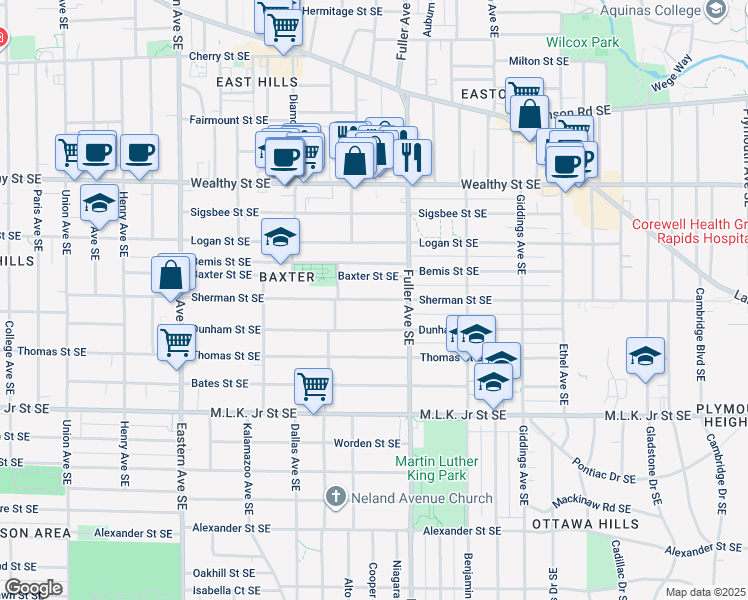 map of restaurants, bars, coffee shops, grocery stores, and more near 1120 Baxter Street Southeast in Grand Rapids