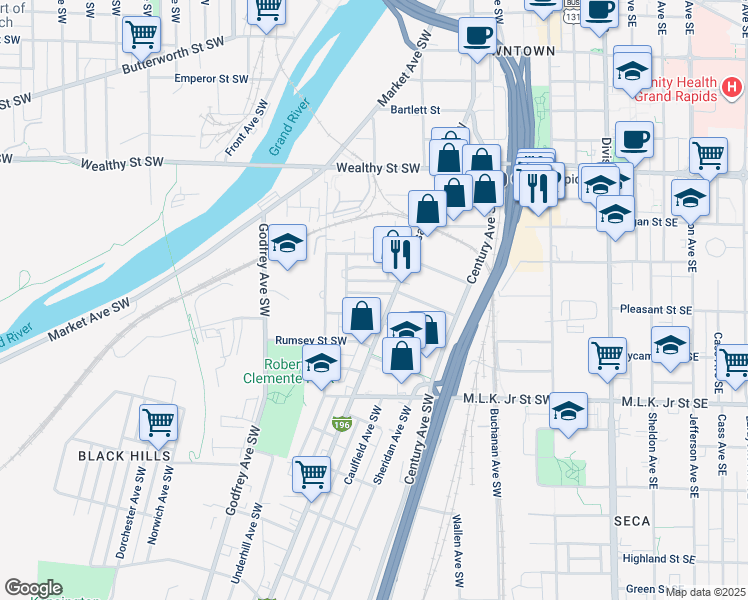 map of restaurants, bars, coffee shops, grocery stores, and more near 571 Grandville Avenue Southwest in Grand Rapids