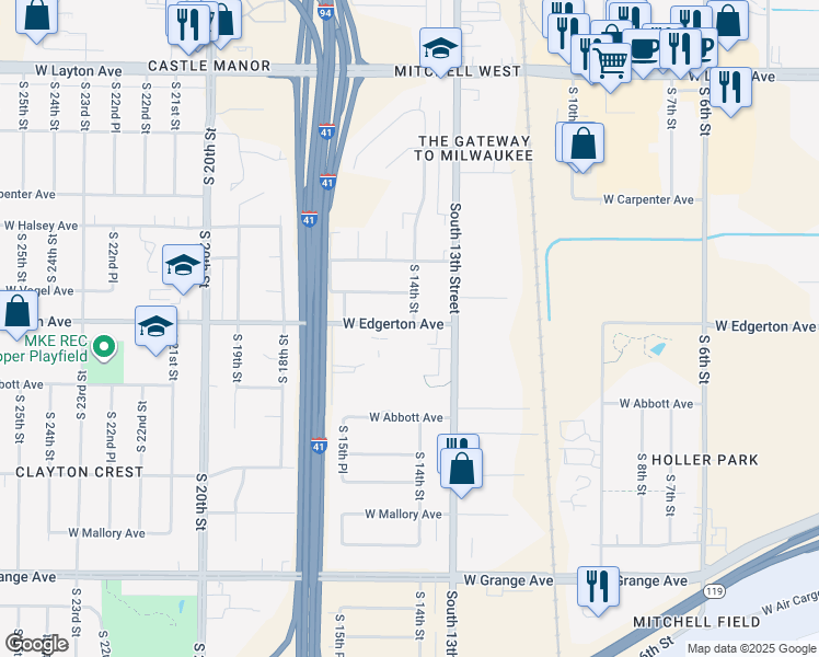 map of restaurants, bars, coffee shops, grocery stores, and more near 1416 West Edgerton Avenue in Milwaukee