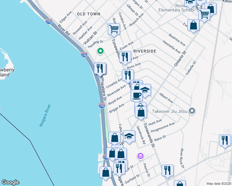 map of restaurants, bars, coffee shops, grocery stores, and more near 41 Crowley Avenue in Buffalo