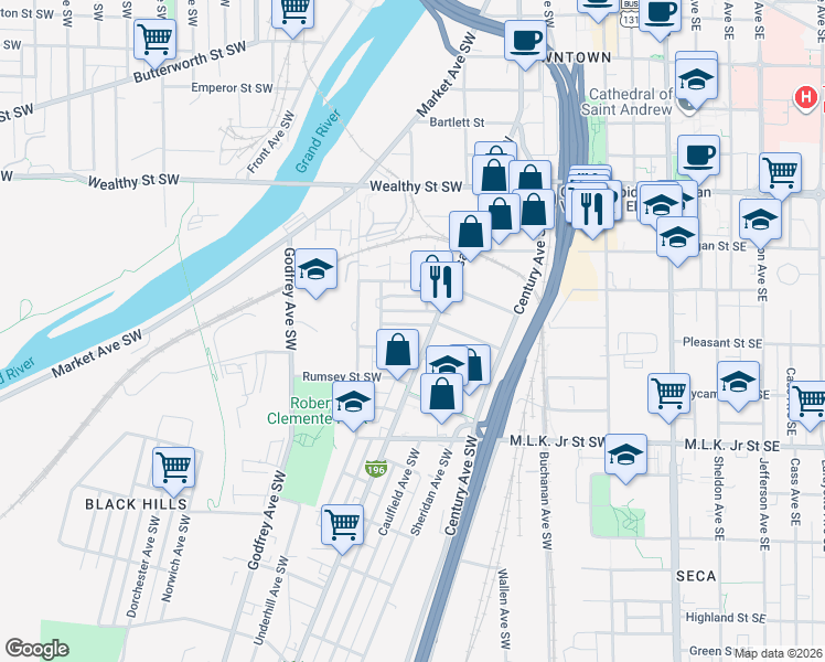 map of restaurants, bars, coffee shops, grocery stores, and more near 400 Grant Street Southwest in Grand Rapids