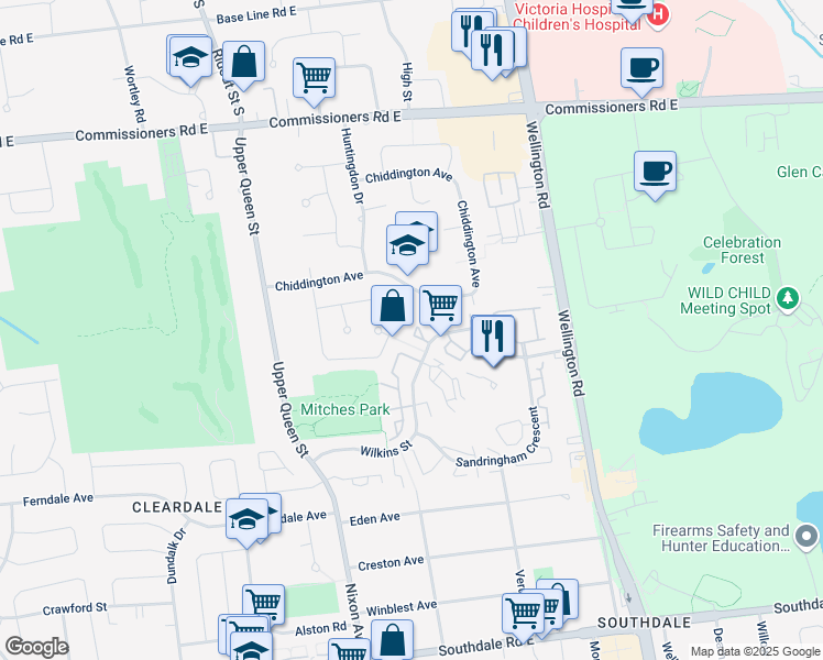 map of restaurants, bars, coffee shops, grocery stores, and more near 620 Wilkins Street in London