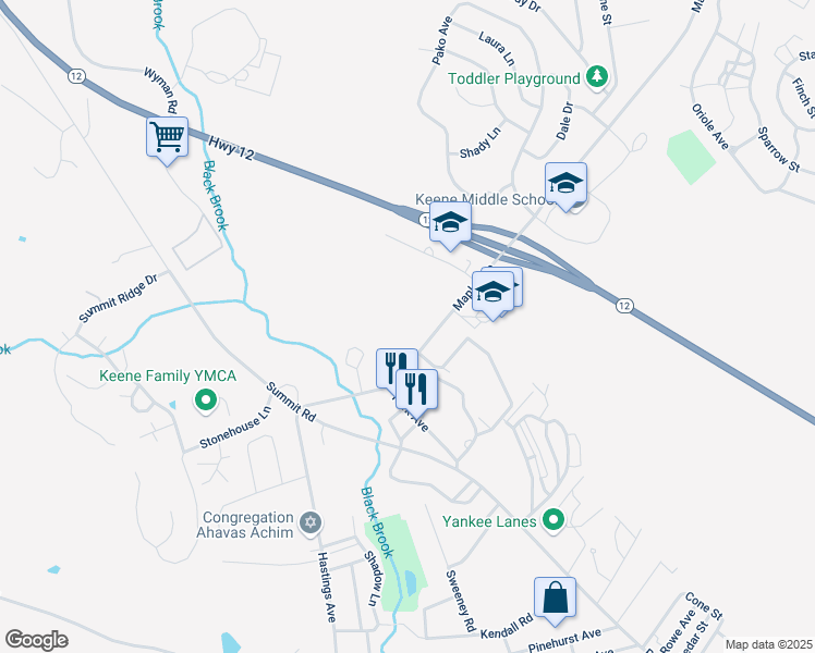 map of restaurants, bars, coffee shops, grocery stores, and more near 62 Maple Avenue in Keene