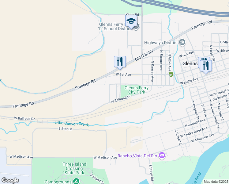 map of restaurants, bars, coffee shops, grocery stores, and more near 1015 West Idaho Avenue in Glenns Ferry