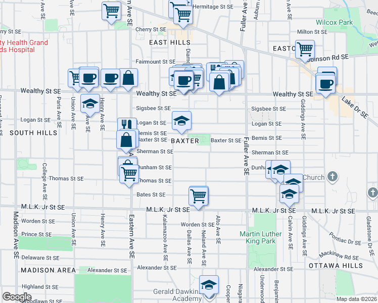 map of restaurants, bars, coffee shops, grocery stores, and more near 1012 Baxter Street Southeast in Grand Rapids