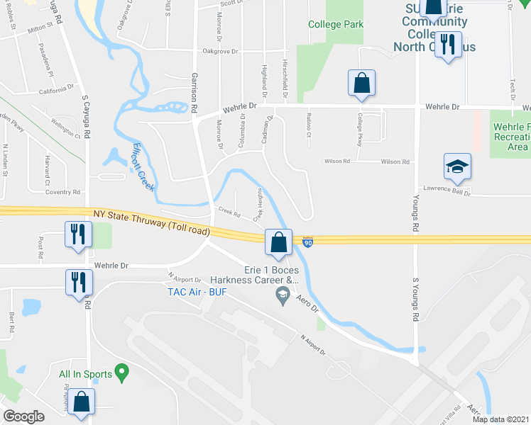 map of restaurants, bars, coffee shops, grocery stores, and more near 25 Creek Heights in Buffalo