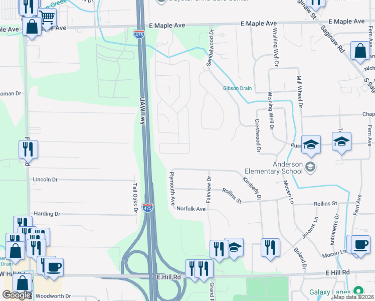 map of restaurants, bars, coffee shops, grocery stores, and more near 288 Ann Boleyn Lane in Flint