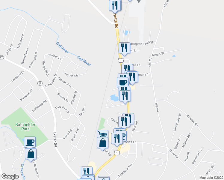 map of restaurants, bars, coffee shops, grocery stores, and more near 105 Tower Drive in Hampton