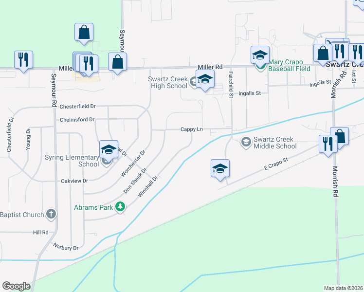 map of restaurants, bars, coffee shops, grocery stores, and more near 5132 Winshall Drive in Swartz Creek