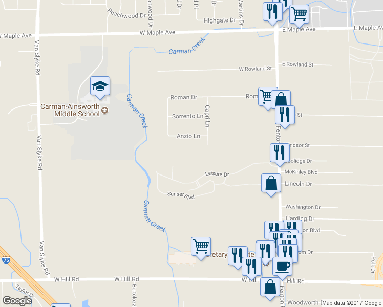 map of restaurants, bars, coffee shops, grocery stores, and more near 1201 Anzio Lane in Flint