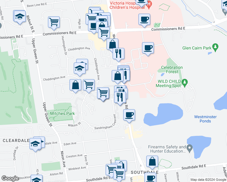 map of restaurants, bars, coffee shops, grocery stores, and more near 762 Wilkins Street in London