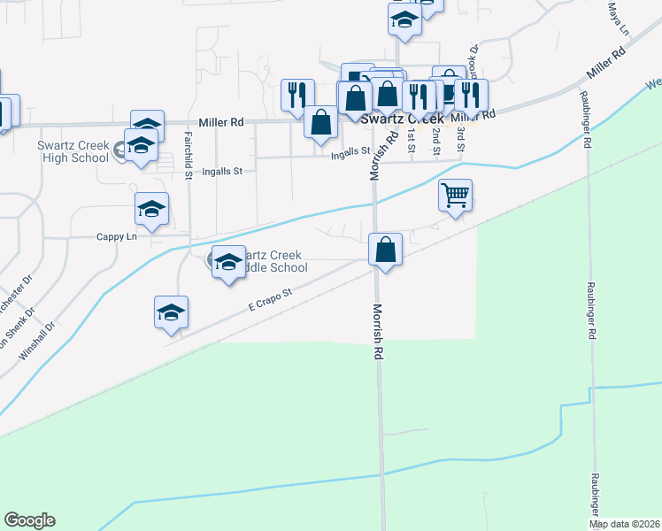 map of restaurants, bars, coffee shops, grocery stores, and more near 8046 Maple Street in Swartz Creek