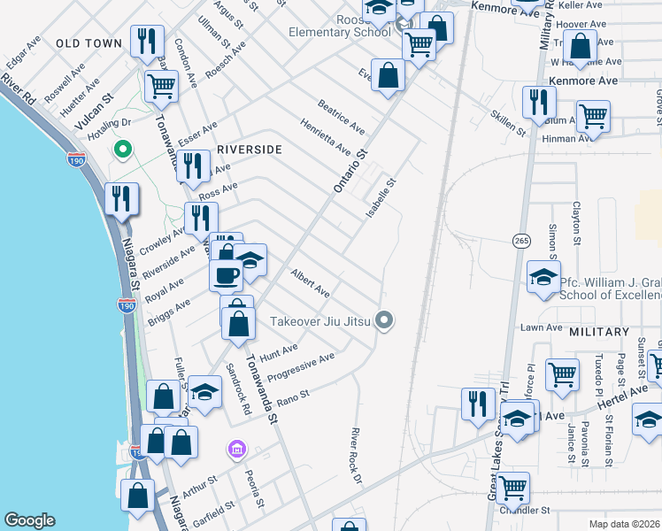 map of restaurants, bars, coffee shops, grocery stores, and more near 268 Riverside Avenue in Buffalo