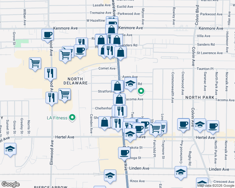 map of restaurants, bars, coffee shops, grocery stores, and more near 125 Stratford Road in Buffalo